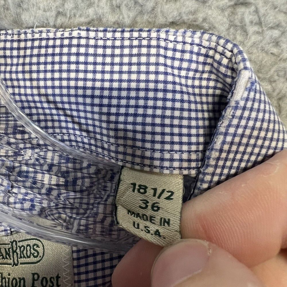 Gitman Bros Shirt Mens 18.5‎ 36 Blue Check Button Up Long Sleeve Flat Pocket USA - Picture 3 of 9